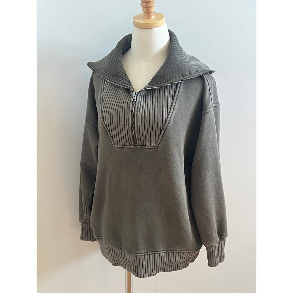 Aerie Womens XS Quarter Zip Sweatshirt Ribbed Bib Pullover Faded Olive Green